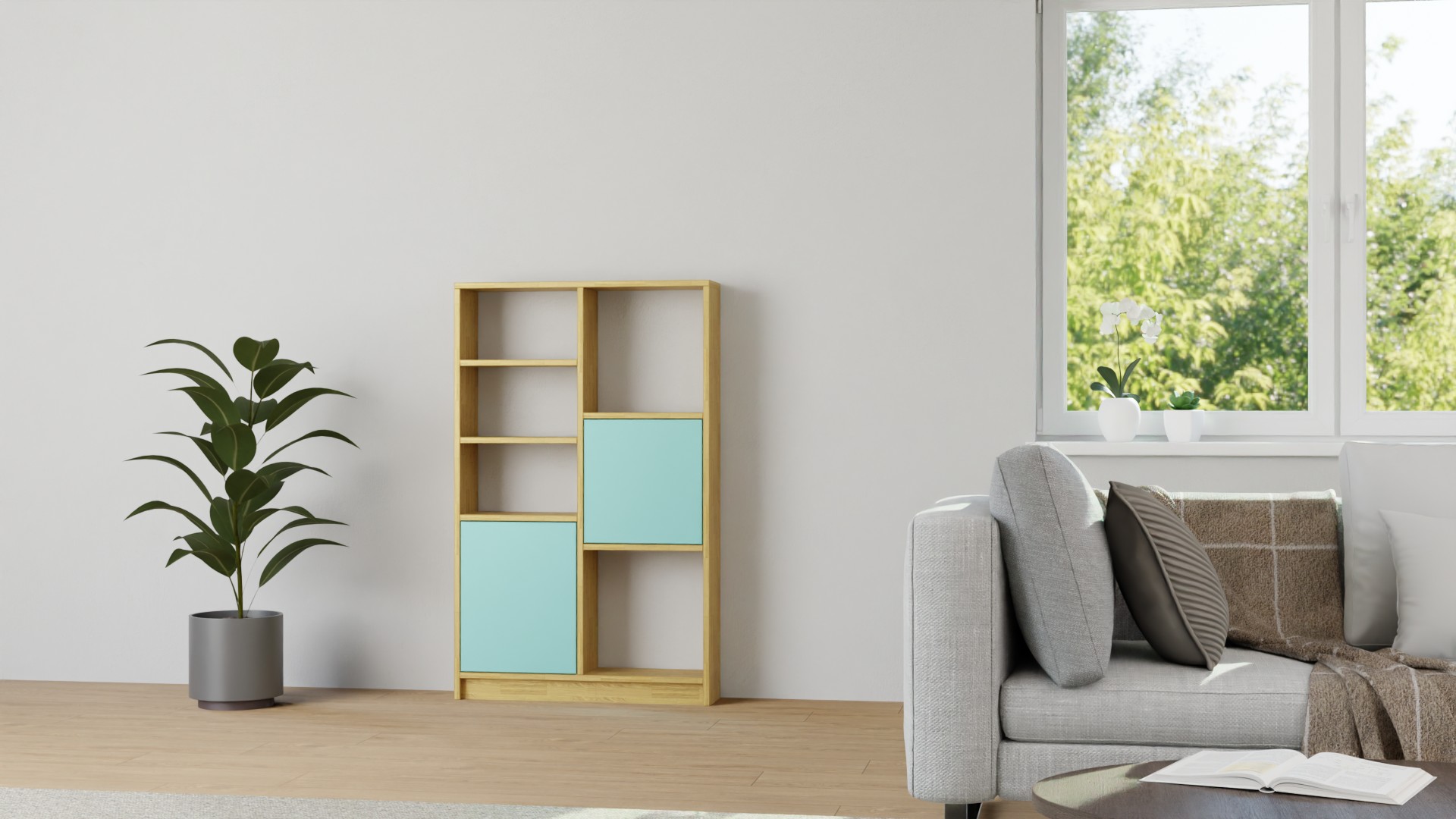 Modernes Regal mit bunten Türen Eiche